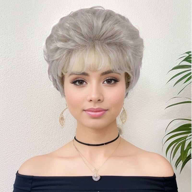 GNIMEGIL Synthetic Hair Curly Wigs Natural for Women Ombre Gray Hairstyle Old Lady Wig with Bangs Fluffy Curls Wavy Granny Silver White Wig Cosplay Halloween Costume - Image 3